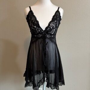 🖤 Whimsigoth Black Lace Babydoll Top / Sheer Mesh Fairy Slip 🖤 Size S Festival